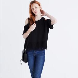Madewell Black 100% Silk Cold Shoulder Blouse Size XS Floral Crochet Lace Top